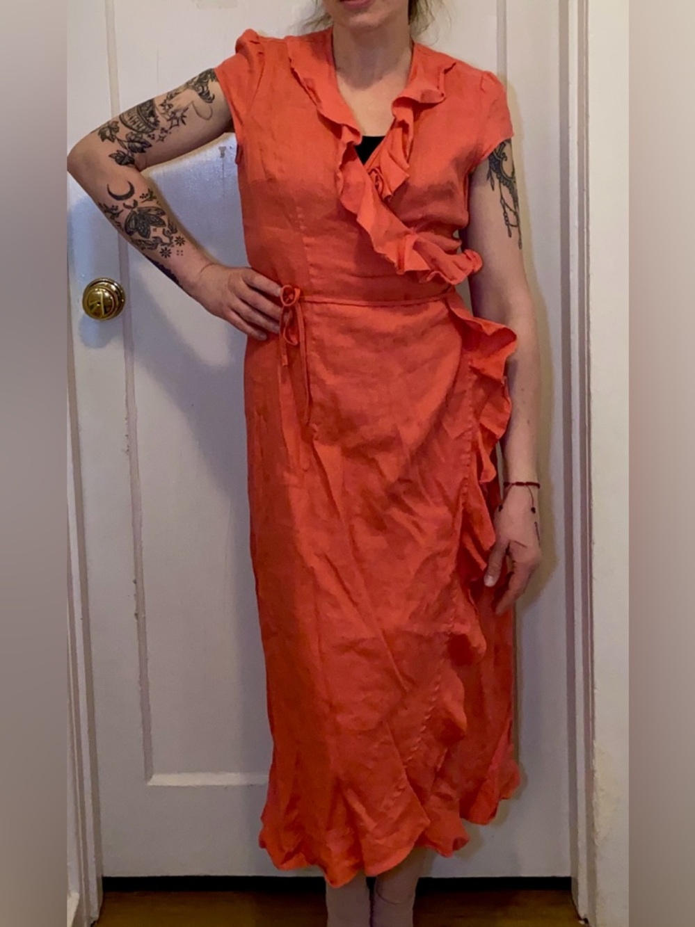 EUC 100% Linen Coral Ruffle Wrap Midi Dress